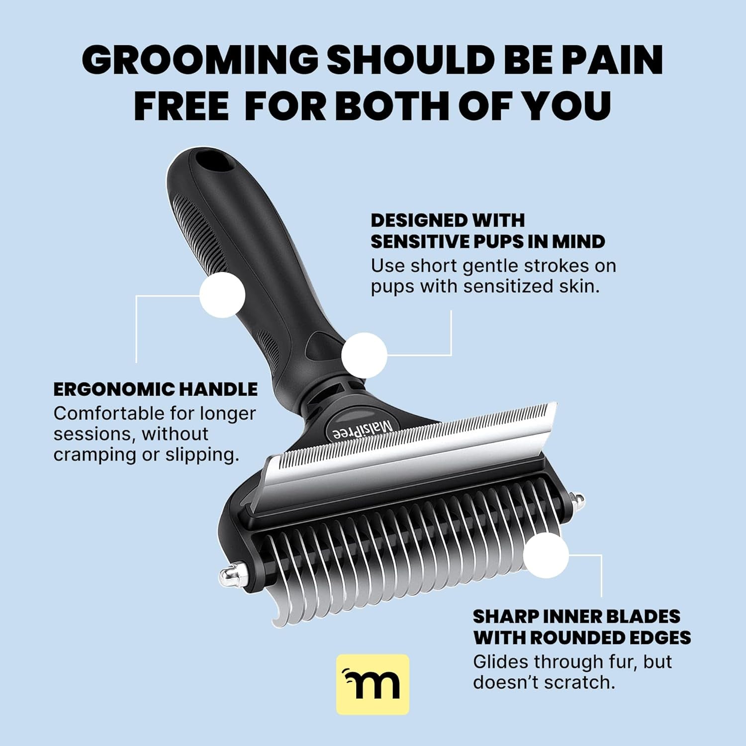 2-in-1 Dog Brush – Undercoat Rake & Dematting Comb for Shedding, Grooming Tool for Medium & Large Double-Coated Dogs & Cats, Black
