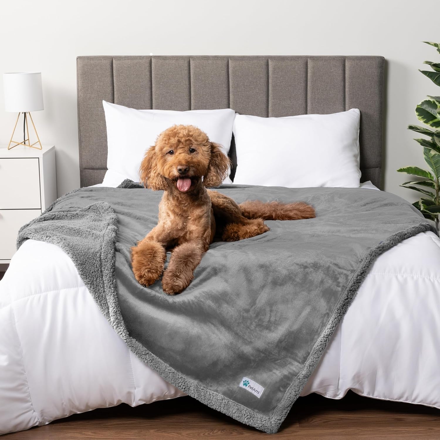 Waterproof Dog Blanket for Large Dogs & Cats – Queen Size 90" x 90" Reversible Sherpa Fleece Pet Blanket, Pee-Proof Furniture Protector for Bed, Sofa & Kennel, Light Grey