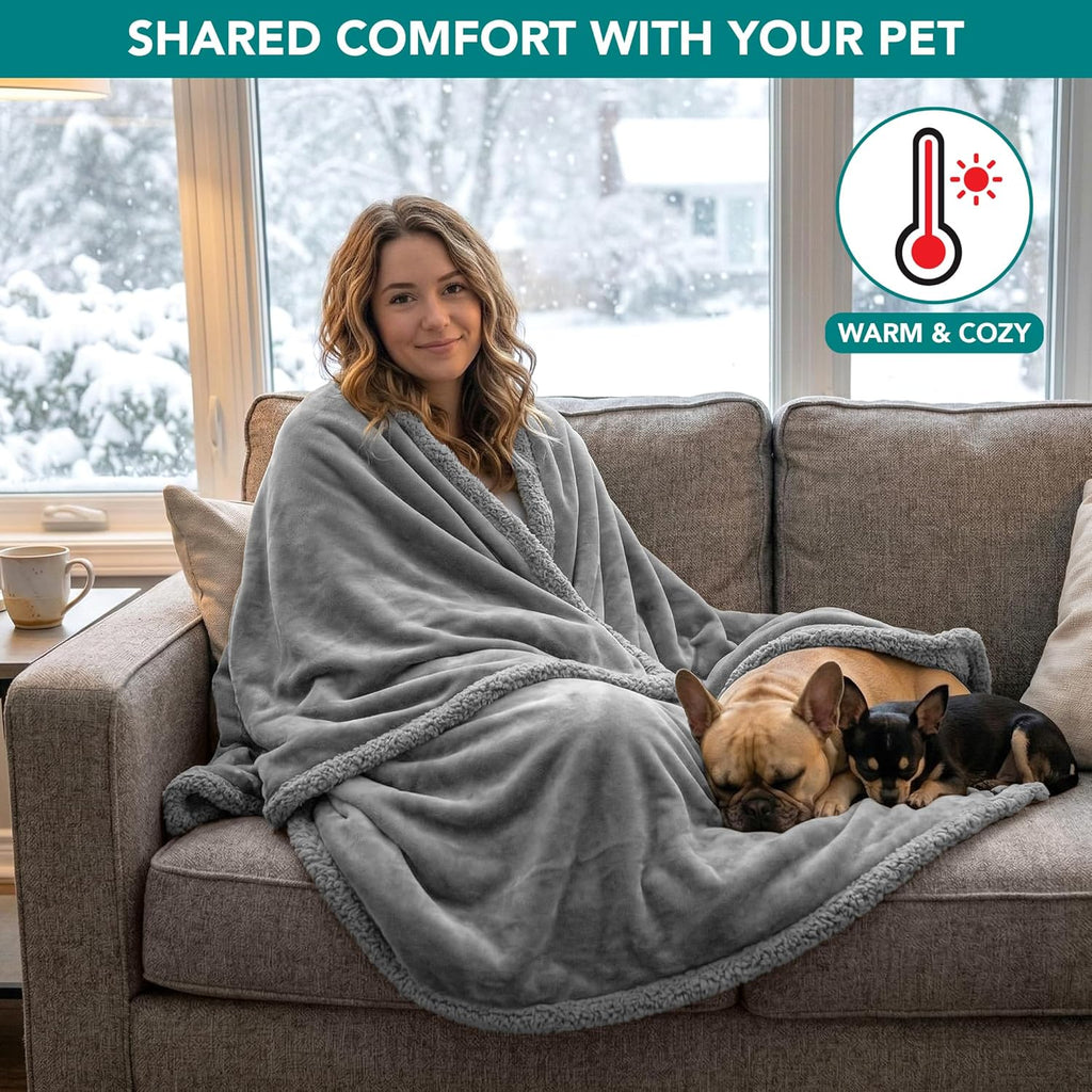 Waterproof Dog Blanket for Large Dogs & Cats – Queen Size 90" x 90" Reversible Sherpa Fleece Pet Blanket, Pee-Proof Furniture Protector for Bed, Sofa & Kennel, Light Grey