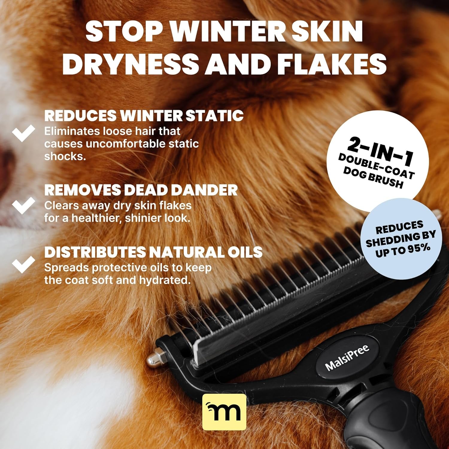 2-in-1 Dog Brush – Undercoat Rake & Dematting Comb for Shedding, Grooming Tool for Medium & Large Double-Coated Dogs & Cats, Black