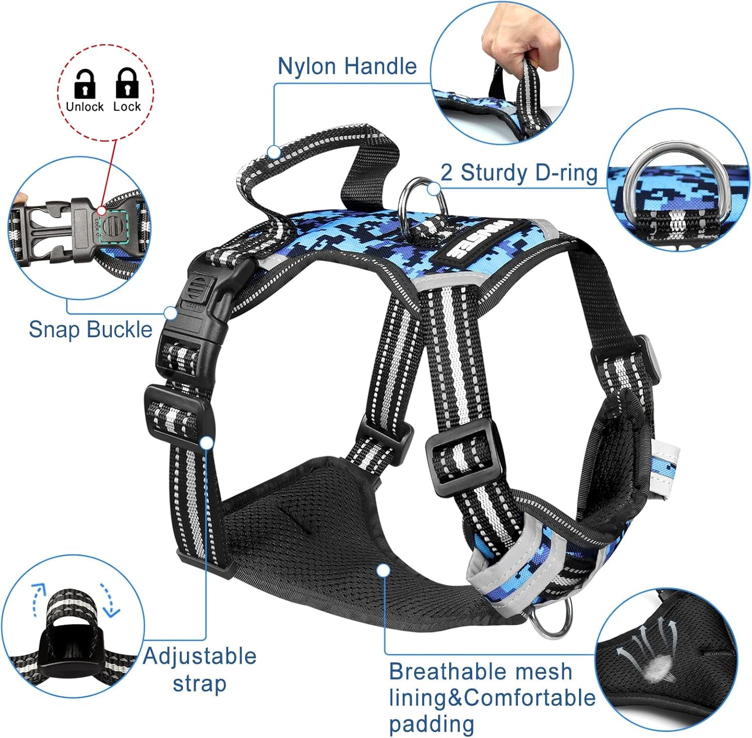 No Pull Dog Harness with Collar – Adjustable Reflective Oxford Vest with Front & Back Leash Clips, Control Handle for Small, Medium & Large Dogs