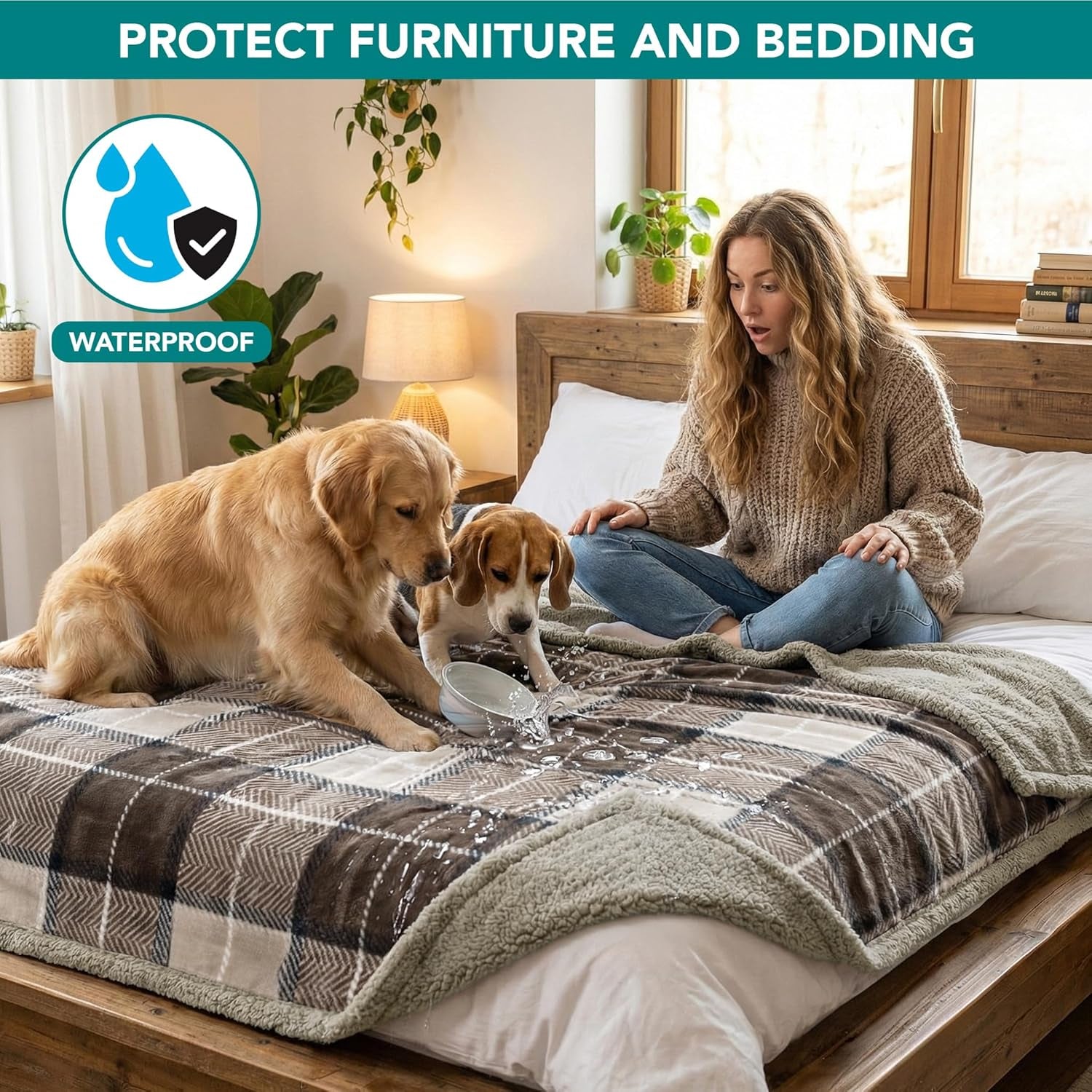 Waterproof Dog Blanket for Large Dogs & Cats – Reversible Cozy Pet Blanket for Couch, Bed, Car & Furniture Protection, 60" x 80", Plaid Taupe